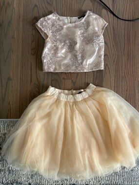 Cream Embroidered Crop Top and Tulle Skirt Kids Set